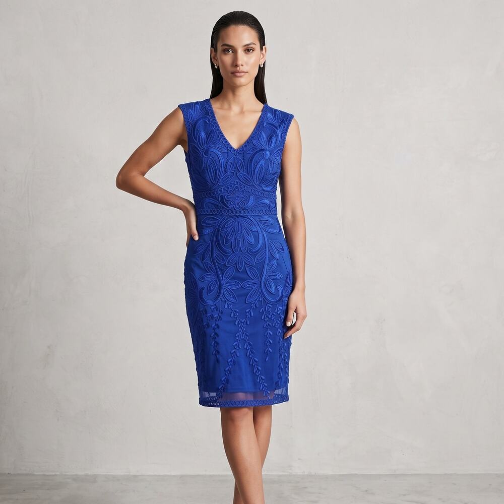 Sue Wong Nocturne Blue Embroidered Cocktail Dress Size 6 Ribbon Soutache Sheath